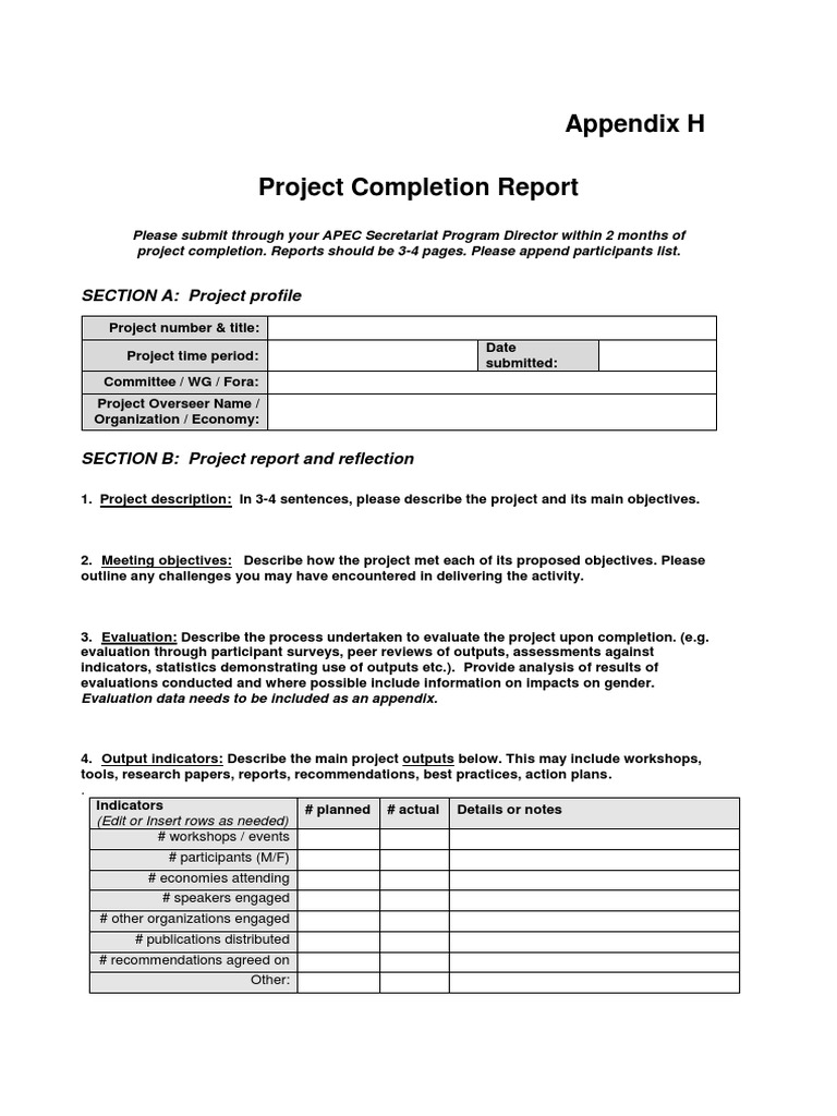 Appendix H Project Completion Report: SECTION A: Project Profile | PDF ...
