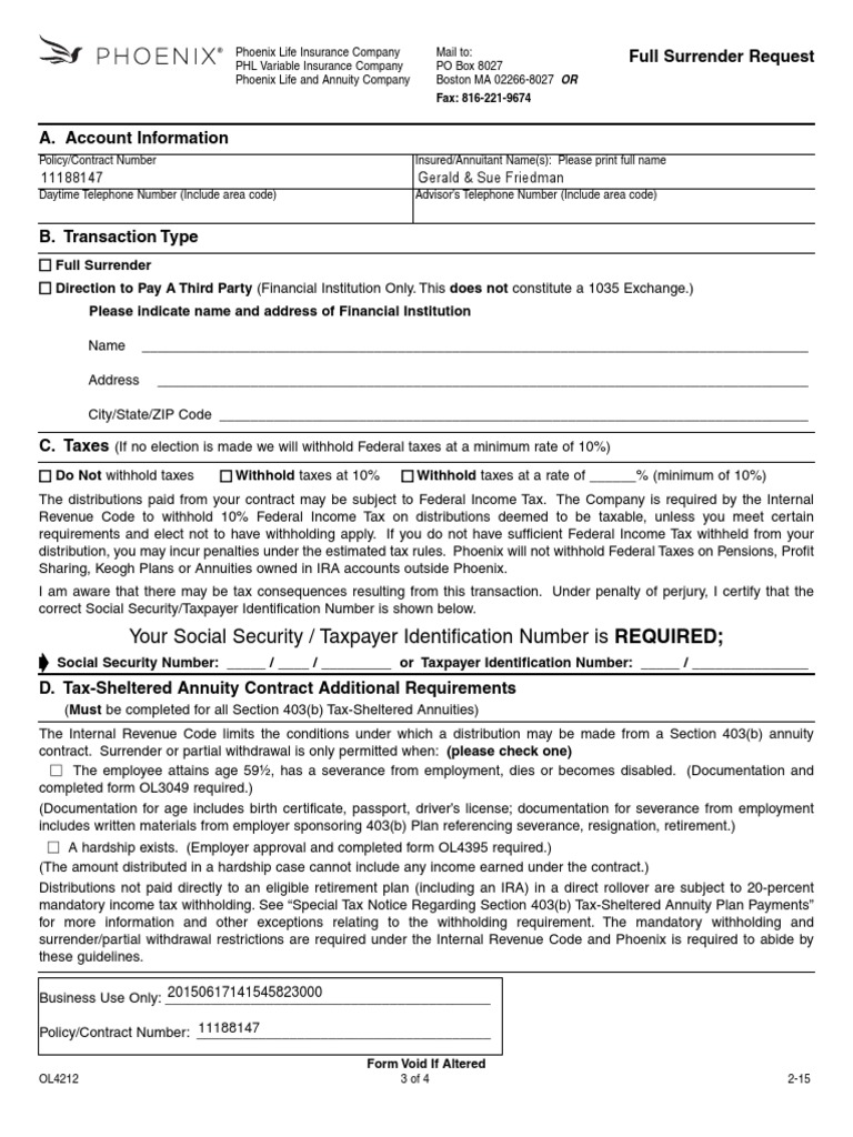 Surrender Request Form PDF | PDF | Withholding Tax | Income Tax In The ...