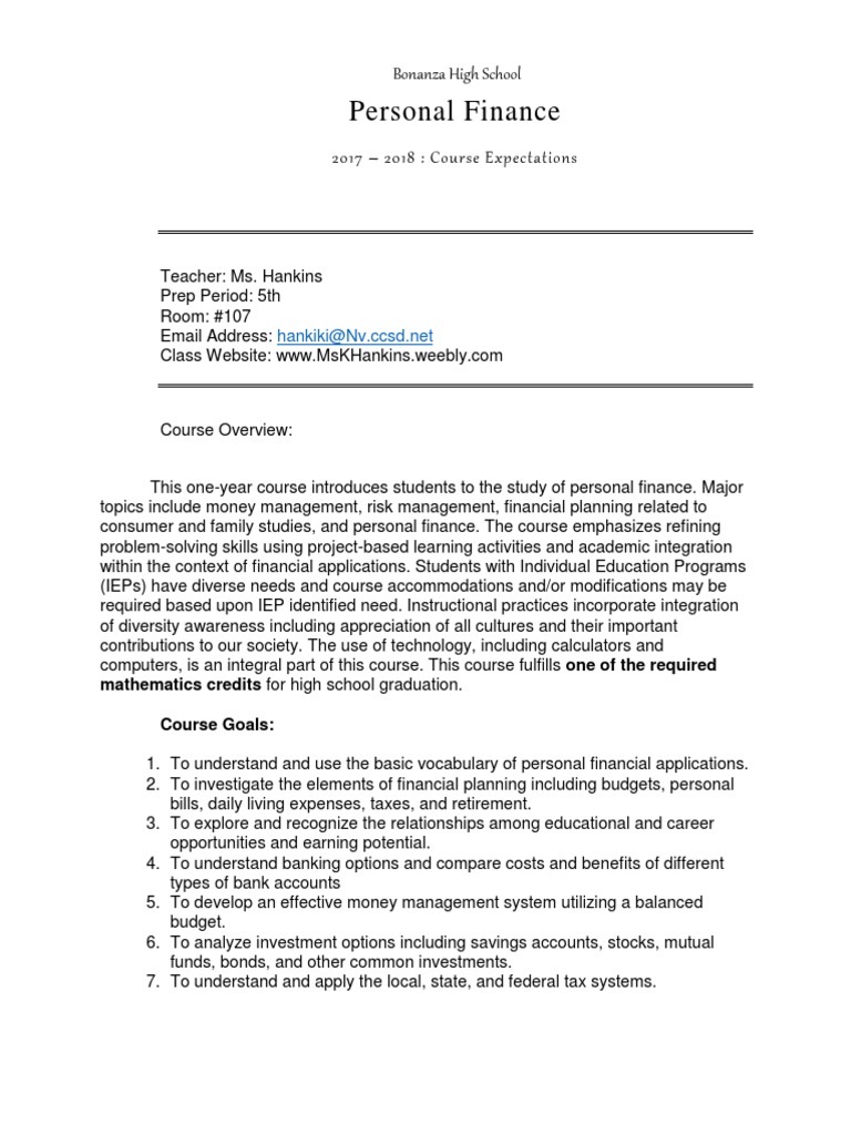 Personal Finance Course Expectations PDF Personal Finance Test