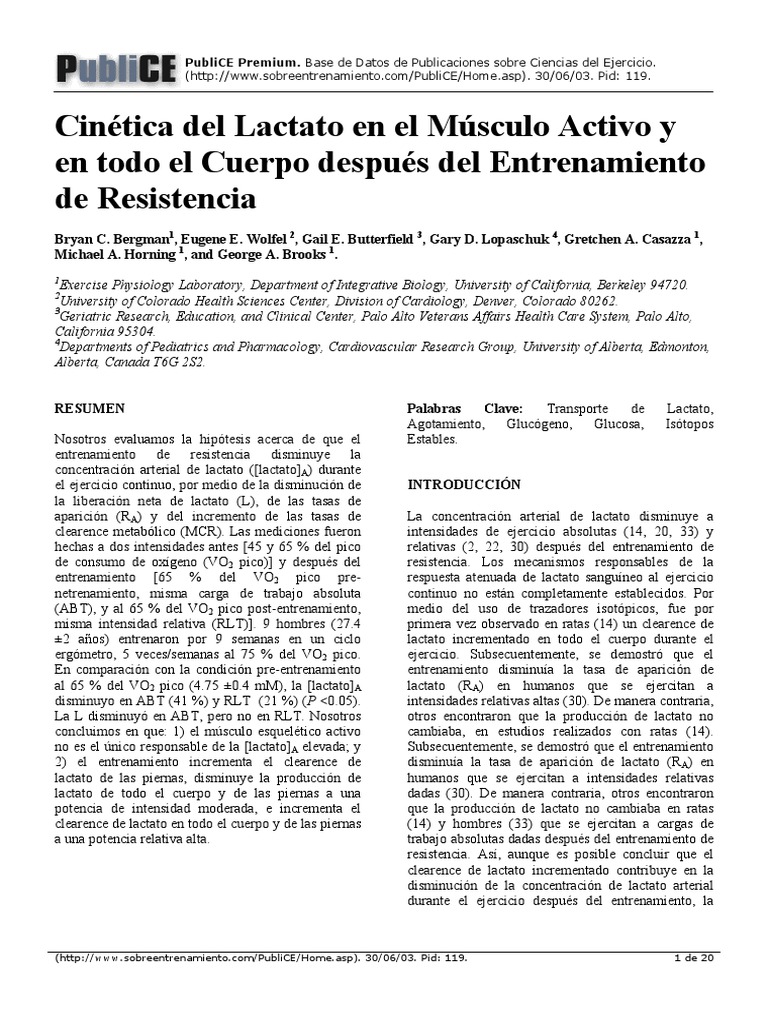 Cinética Del Lactato en El Músculo Activo y en Todo El Cuerpo Después ...