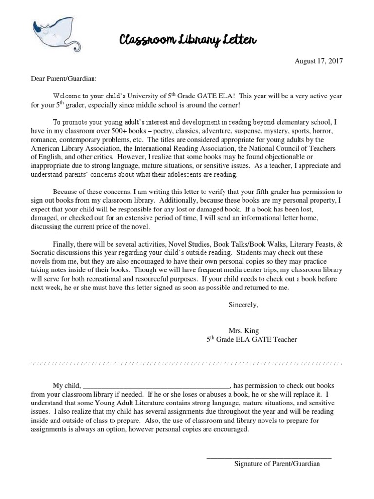 Classroom Library Permission Letter | PDF | Young Adult Fiction | Libraries