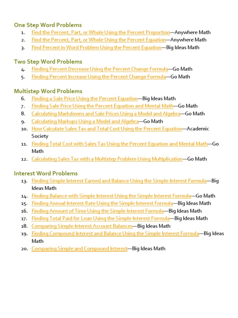 Word Problems: Percent & Interest Calculations | PDF | Business ...