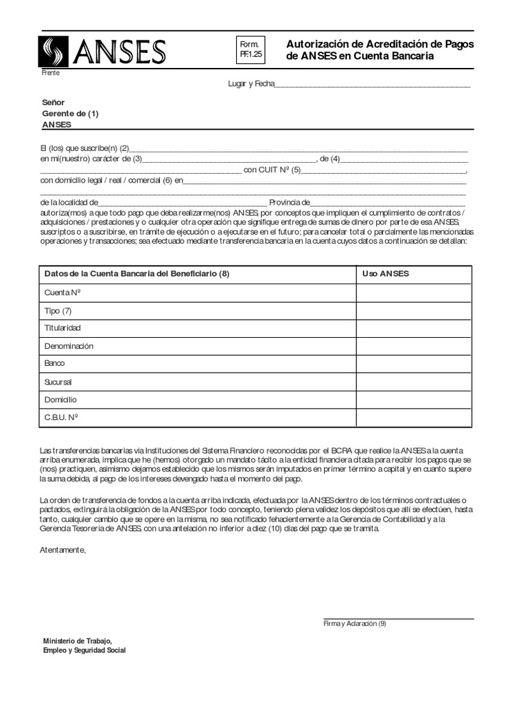 Formulario Anses Honorarios RH | PDF | Pagos | Bancos