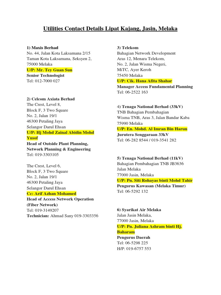 Utilities Contact Details (Lipat Kajang, Jasin, Melaka)  PDF