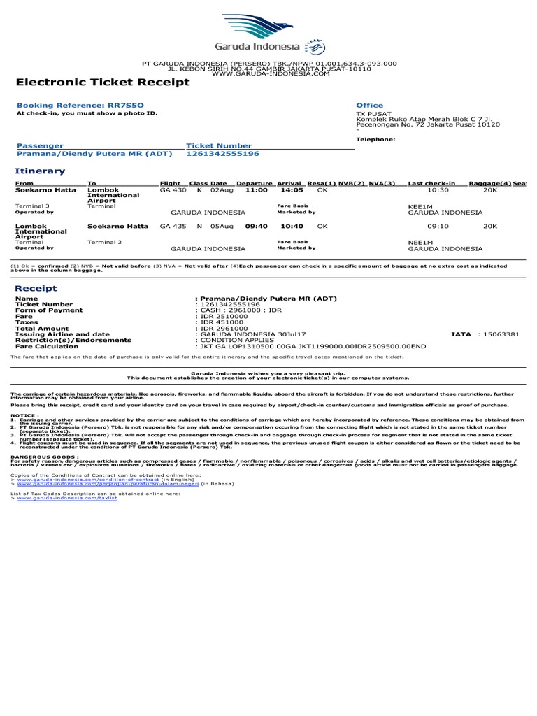 Electronic Ticket Receipt Itinerary