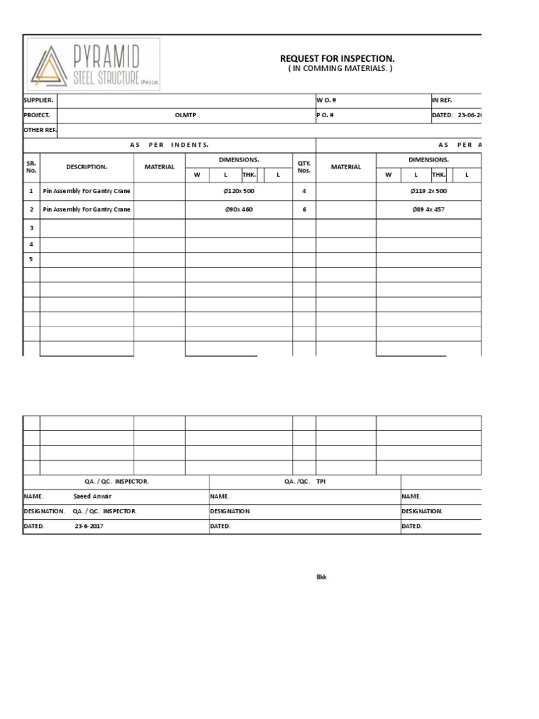 Incoming Material Inspection | PDF | Construction Equipment