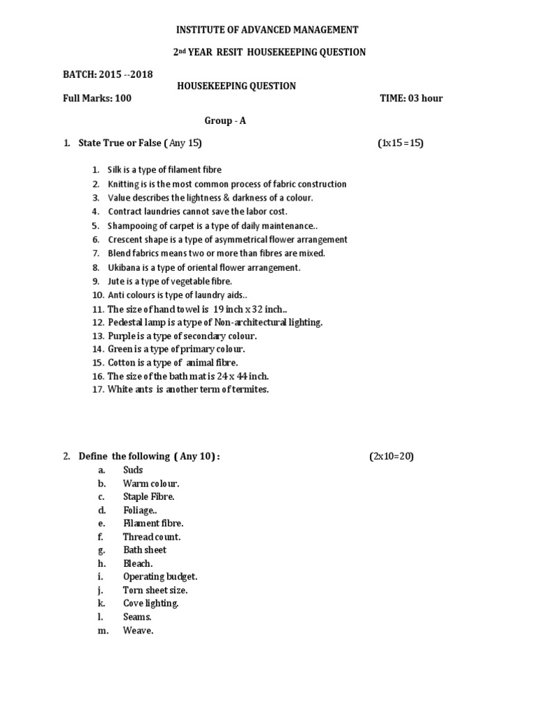 Housekeeping Resit Question Paper (2015 2018) ) Textiles Textile Arts