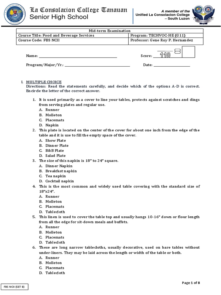 Food and Beverage 1st Quarterly Exam Set B PDF Tableware Restaurants