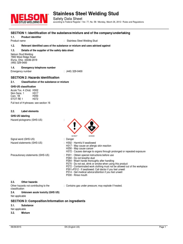 Sds Stainless Steel Welding Stud Toxicity Personal Protective Equipment