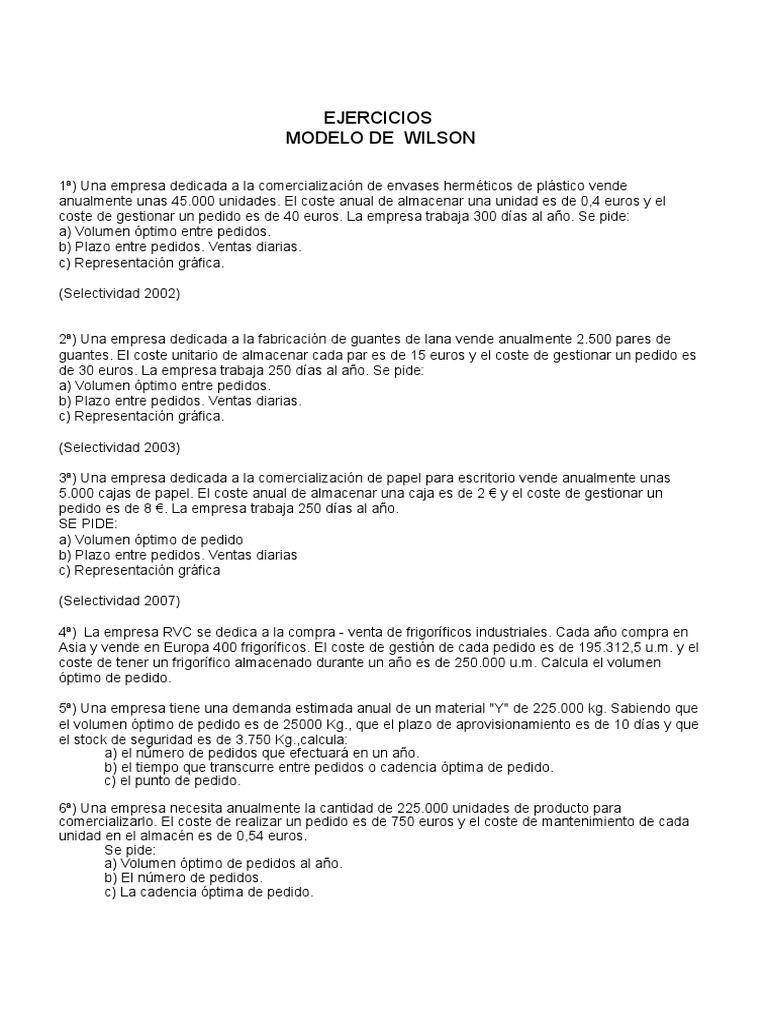 Ejercicios de Modelos de Wilson en Inventarios | PDF | Inventario ...