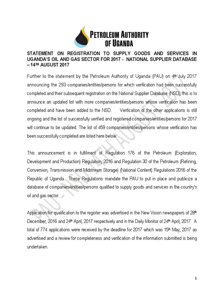 Petroleum Authority of Uganda National Supplier Database PDF Uganda