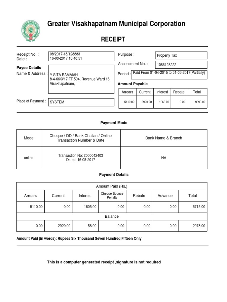 GVMC Property Tax Receipt