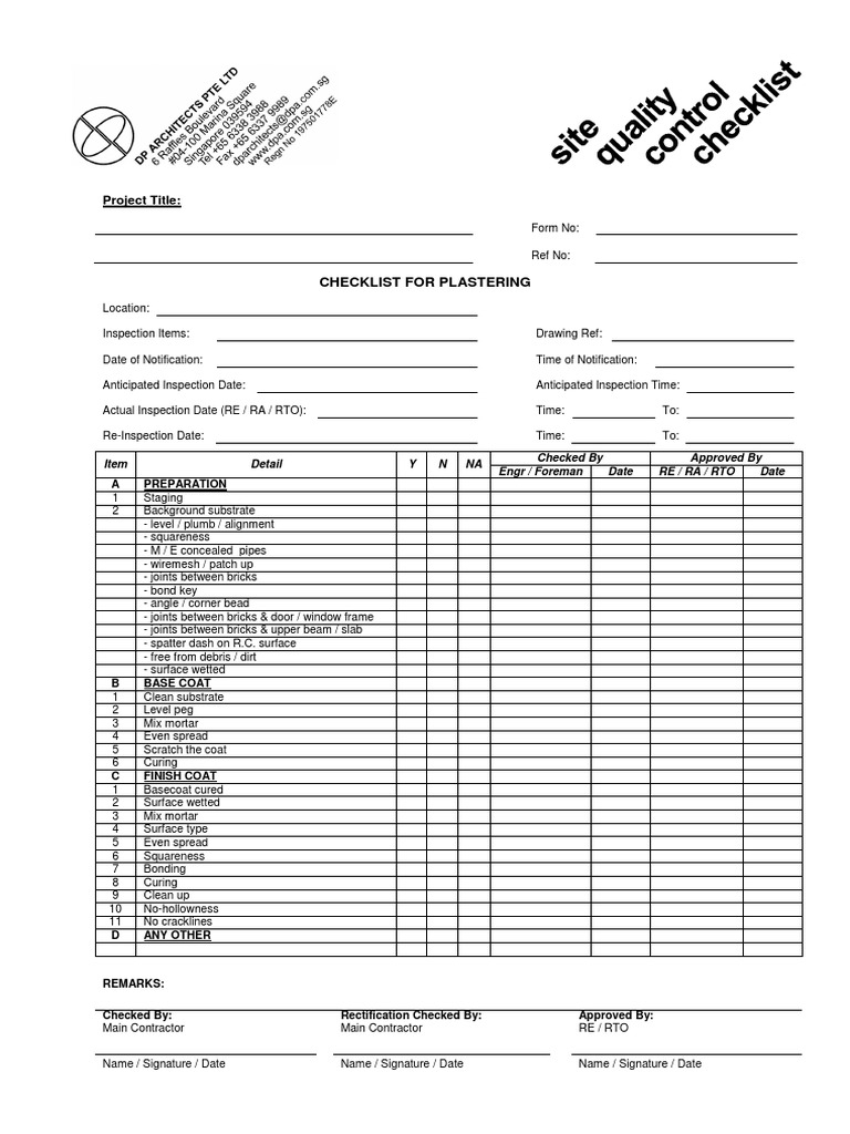 Plastering Inspection Checklist | PDF | Art Media | Building Technology