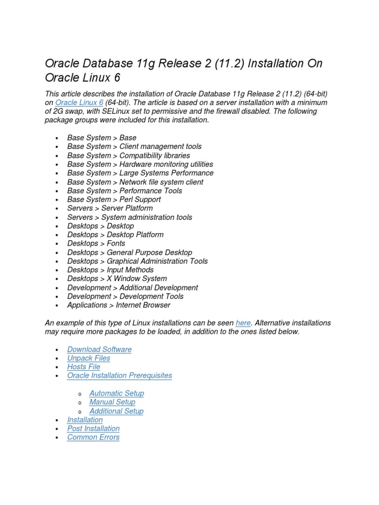 Oracle Database 11g Release 2 (11.2) Installation On Oracle Linux 6 | PDF |  Installation (Computer Programs) | Oracle Database
