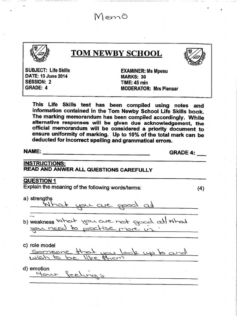 Grade 4 LO June 2014 Memo | PDF