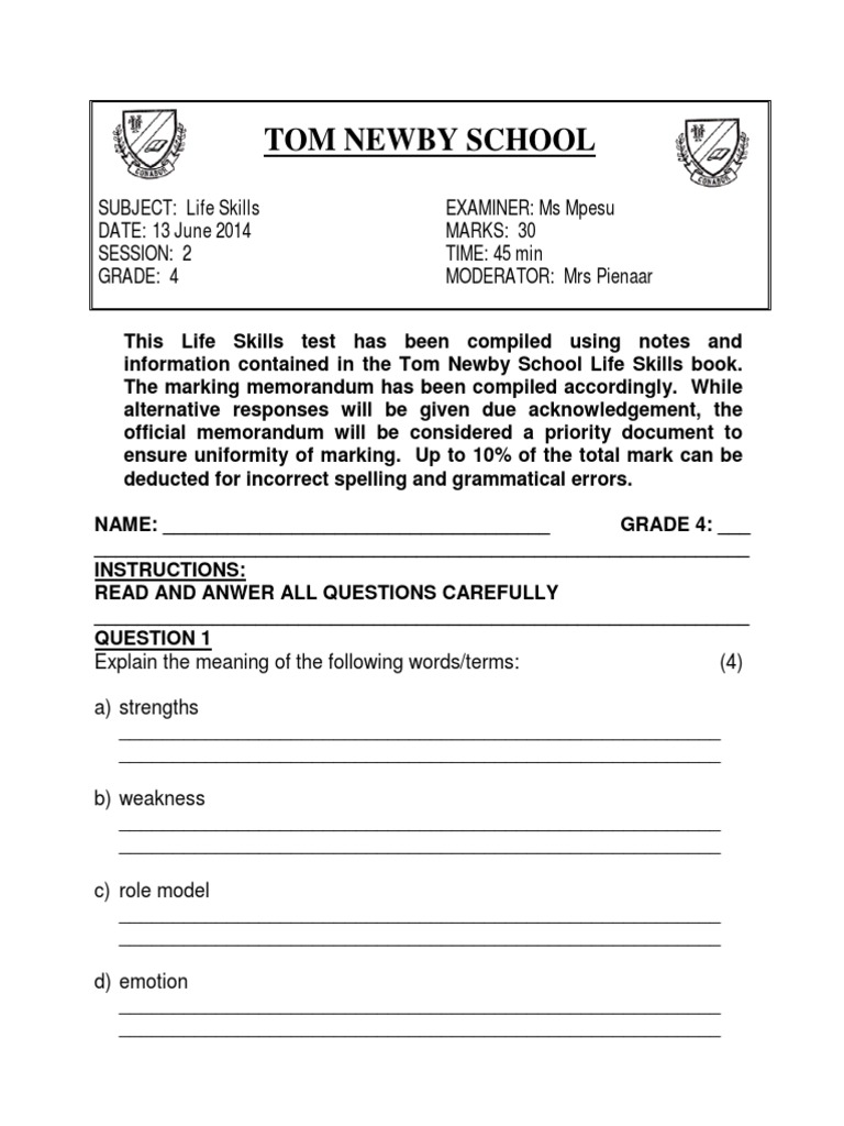 Grade 4 Life Skills June Exam 2014 Bullying Test (Assessment)