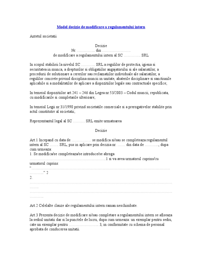 Model Decizie de Modificare a Regulamentului Intern