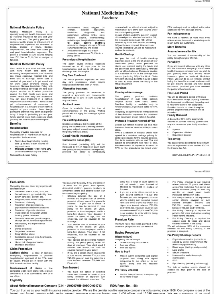 National Mediclaim Policy Brochure PDF Insurance Hospital