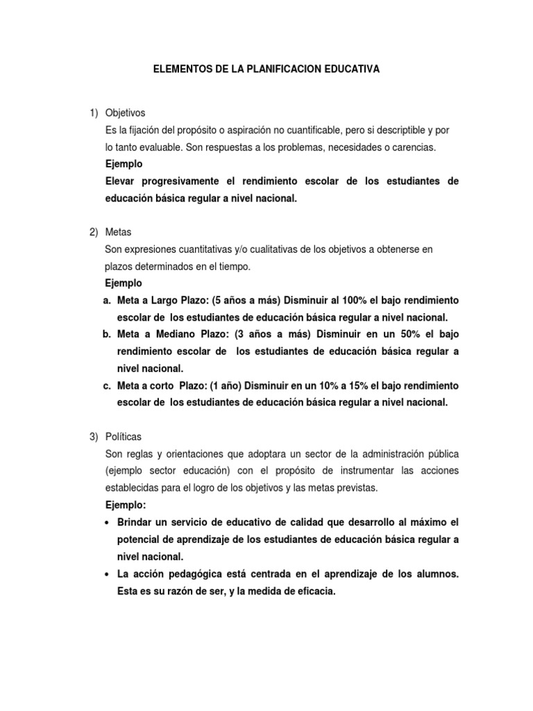 Elementos de la Planificación Educativa | PDF | Educación primaria ...