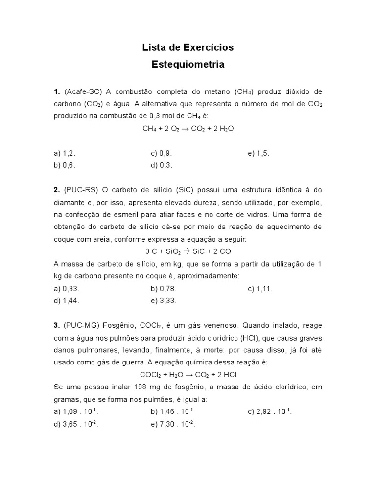 Lista de Exercícios de Estequiometria | PDF