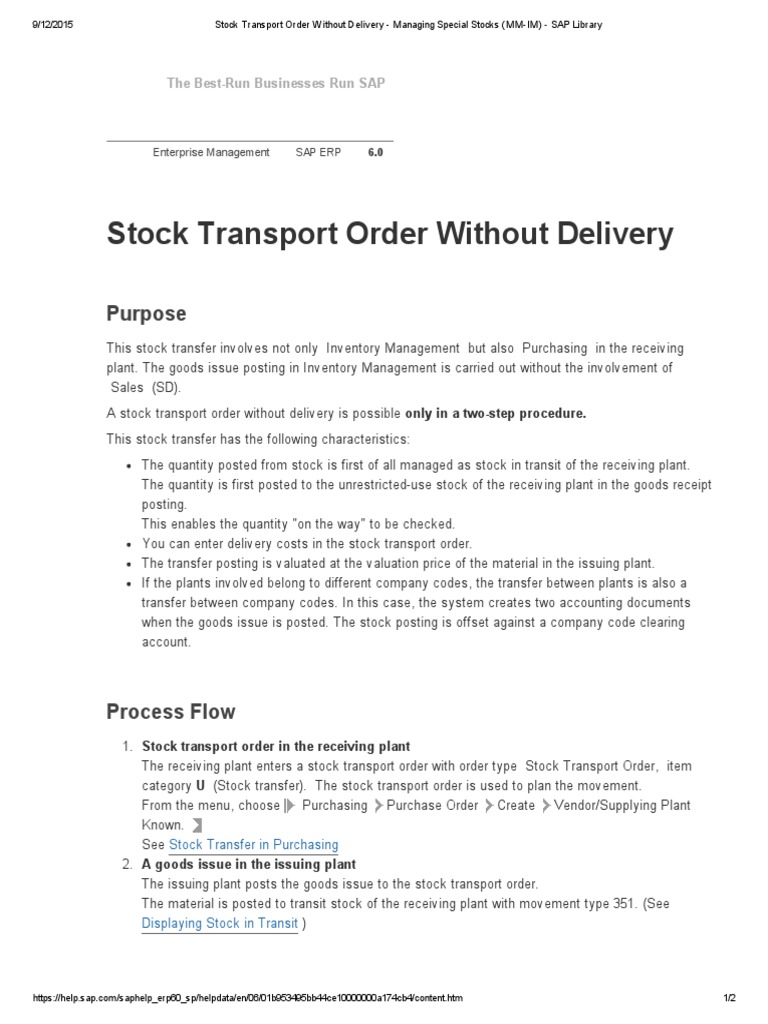 Stock Transport Order Without Delivery Managing Special Stocks (MMIM