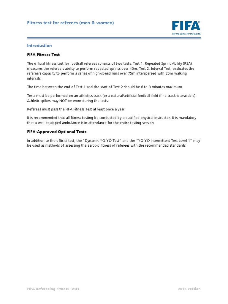 FIFA Referee Fitness Test Guidelines | PDF | Physical Fitness | Track ...