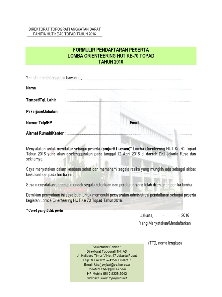 Formulir Pendaftaran Atlet 2016 FTH