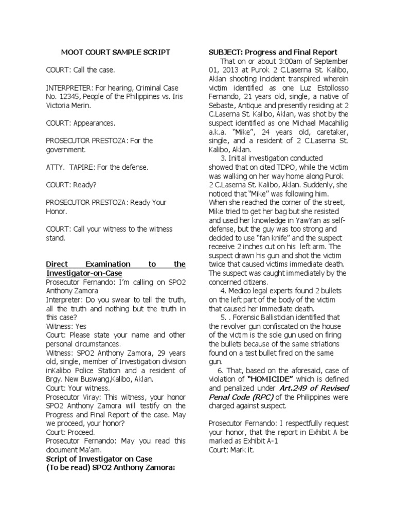 Moot Court Sample Script PDF Witness Testimony
