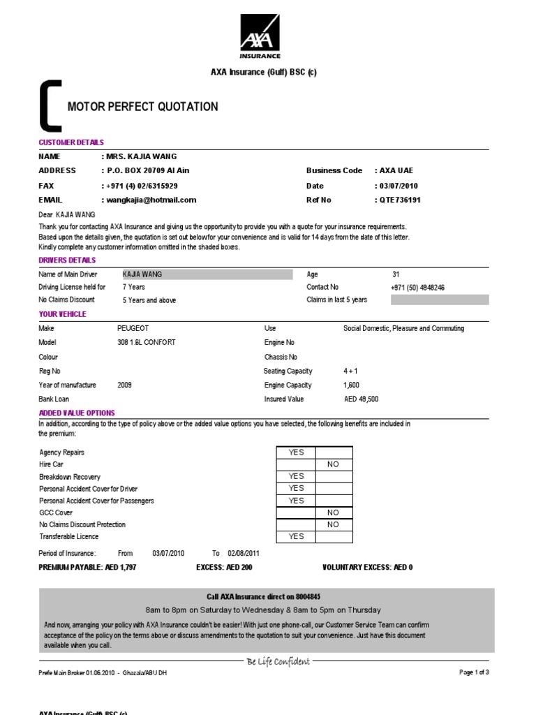 Motor Quotation PDF Insurance Service Industries