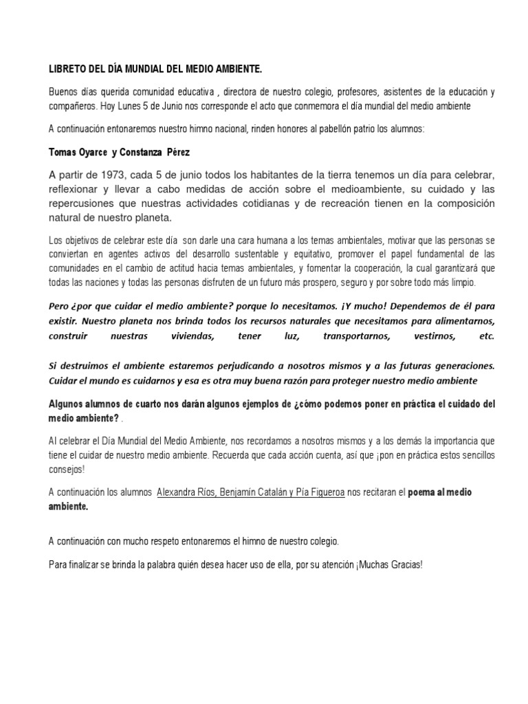 Libreto Del Acto Dia Del Medio Ambiete Entorno Natural Desarrollo Sostenible