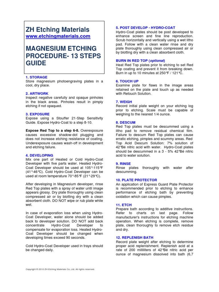 Magnesium Etching Procedure 13 Steps Guide PDF Etching Nitric Acid