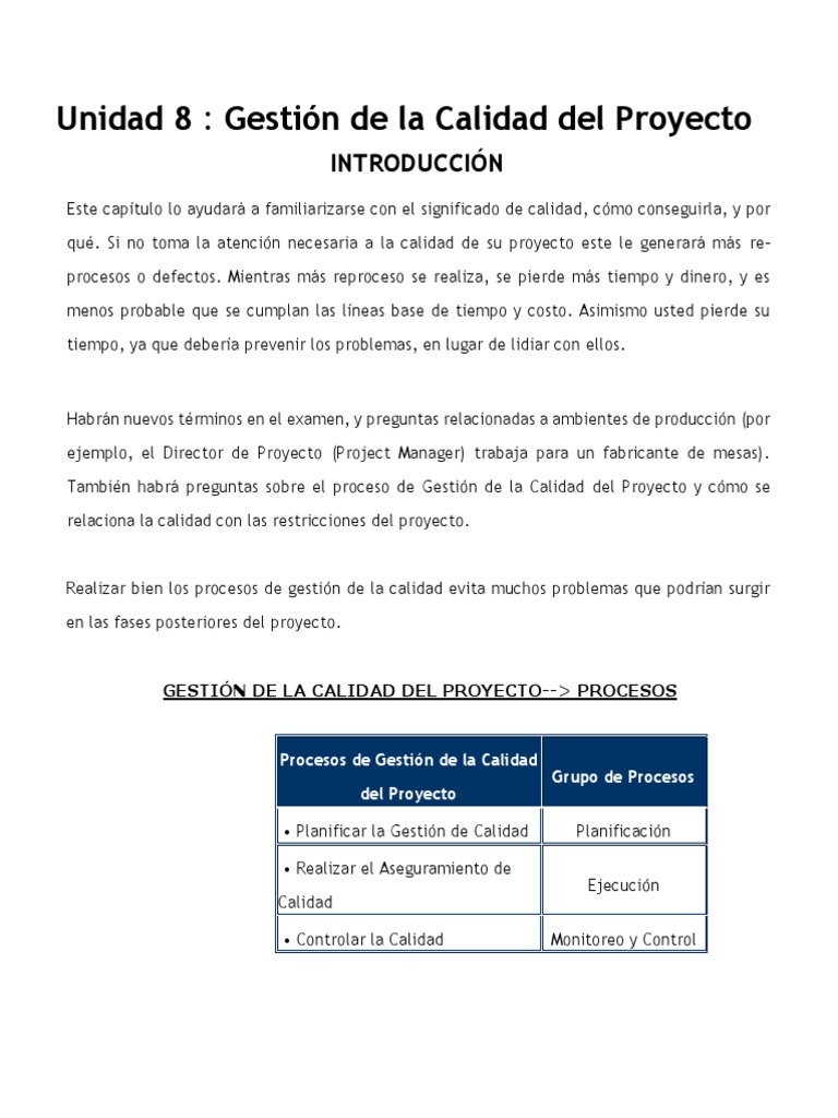 Gestion de La Calidad Del Proyecto | PDF | Gestión de la calidad ...