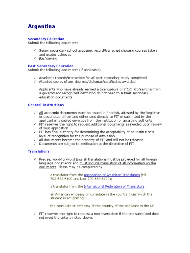 Argentina Academic Document Requirements | PDF