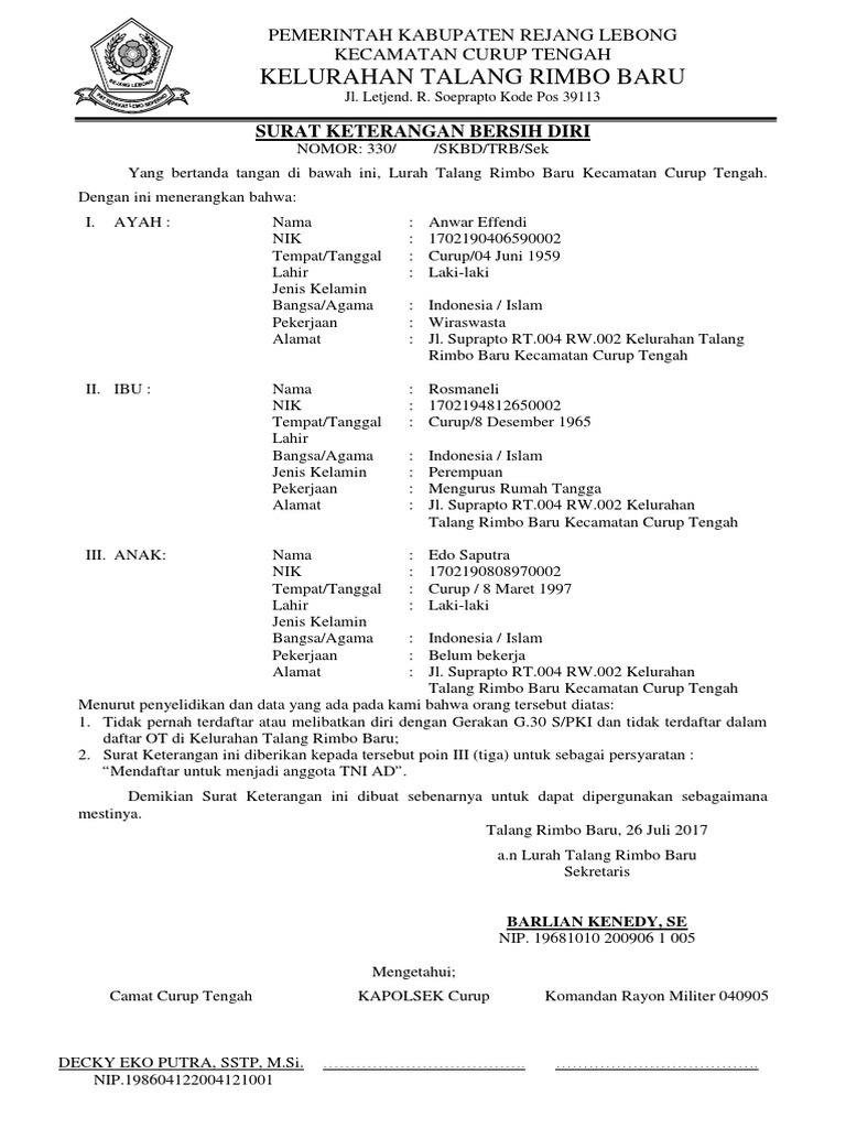 Surat Keterangan Bersih Diri | Pdf