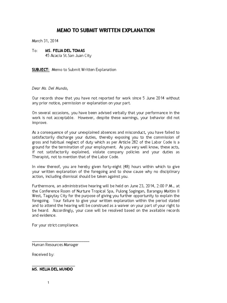 Memo for Written Explanation Submission | PDF