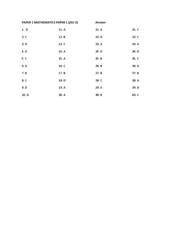 JSU 3 Mathematics Paper 1 Answers | PDF
