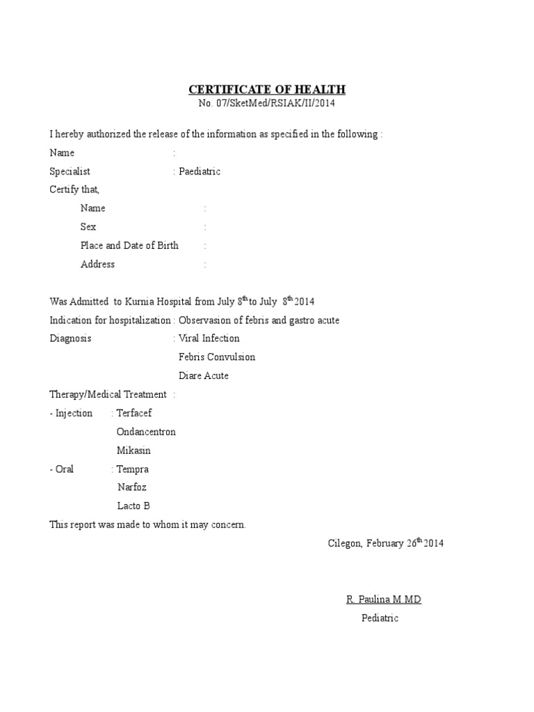 Certificate of Health | PDF | Medicine | Health Care