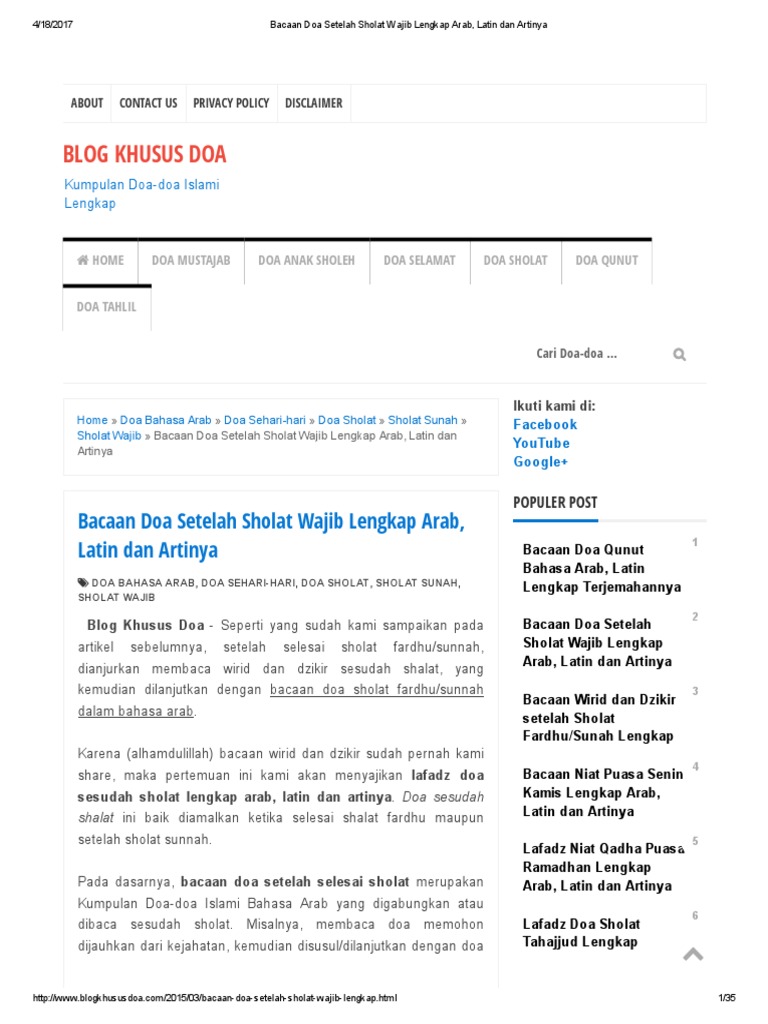 Bacaan Doa Setelah Sholat Wajib Lengkap Arab Latin Dan Artinya