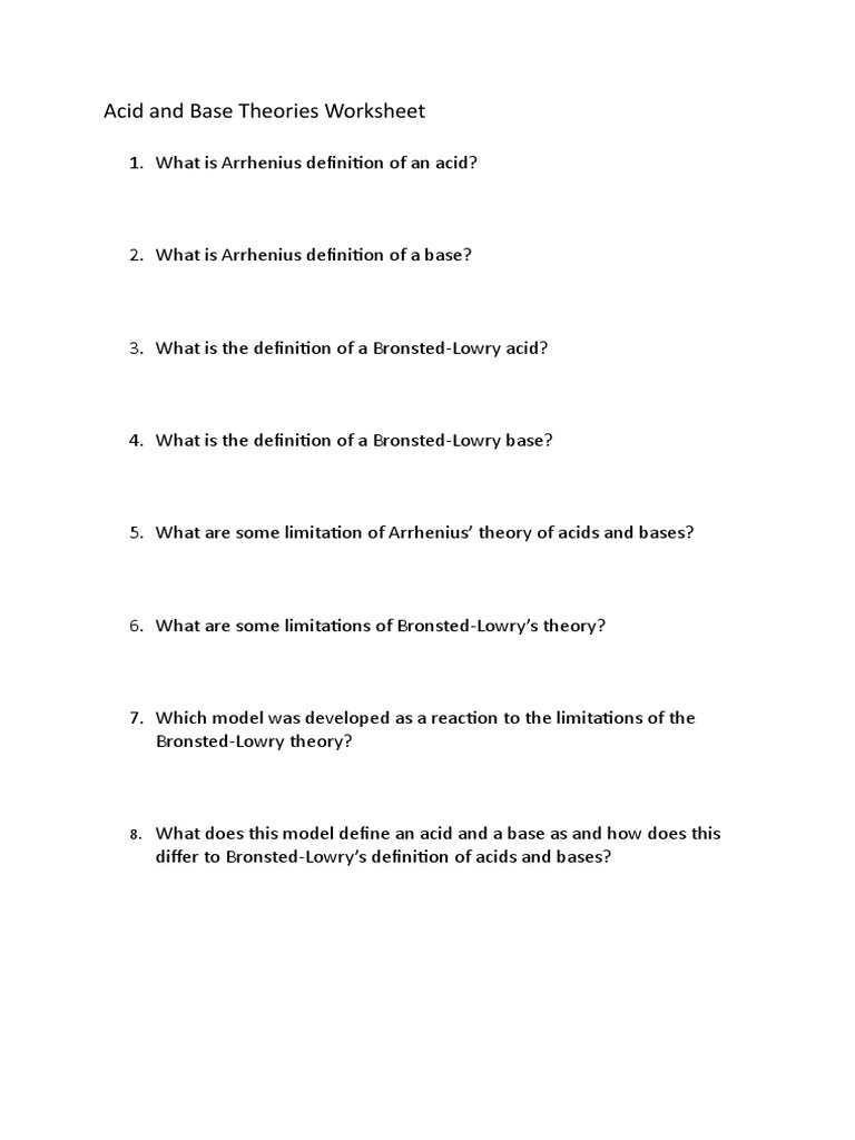 Acid And Base Theories Worksheet