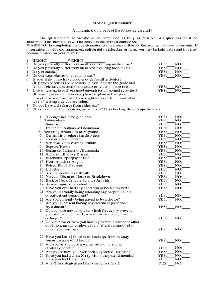 Comprehensive Medical Questionnaire | PDF | Angina Pectoris | Rtt