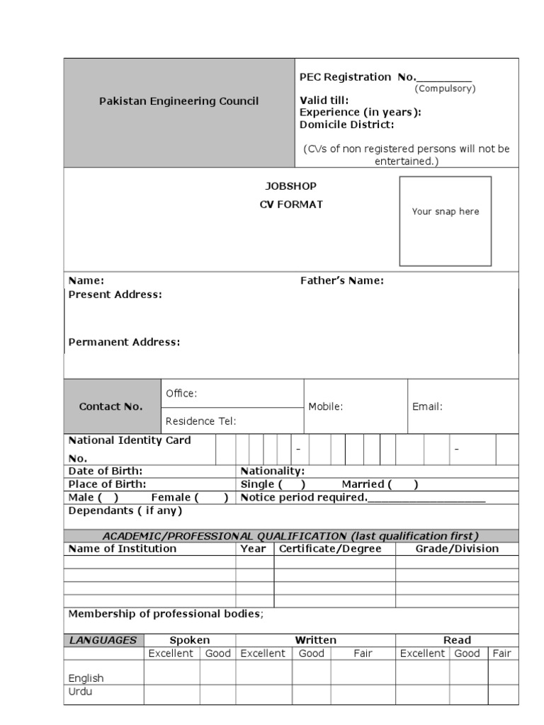 Pakistani CV Format Template | PDF