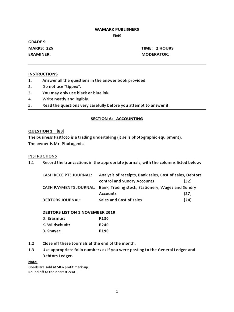 Accounting Grade 9 June Exam Part 1 Debits And Credits Business Economics