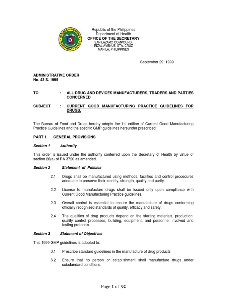 Current Good Manufacturing Practice Guidelines for Drugs Adoption of