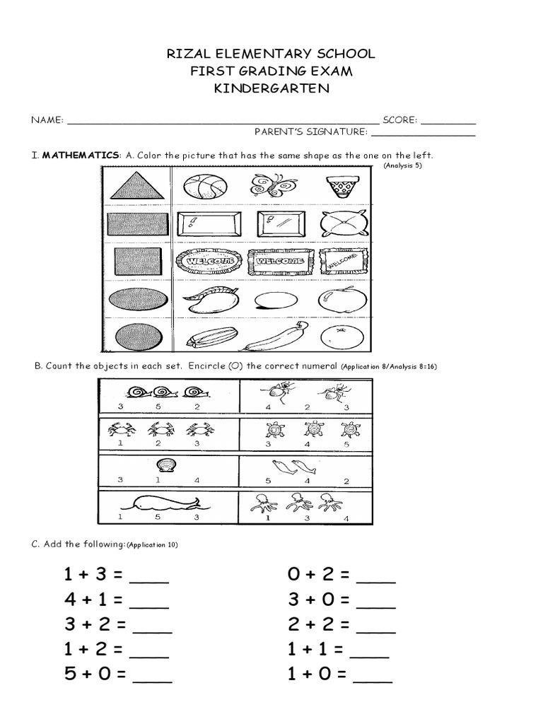 Rizal Elementary School First Grading Exam Kindergarten: (Analysis 5) | PDF