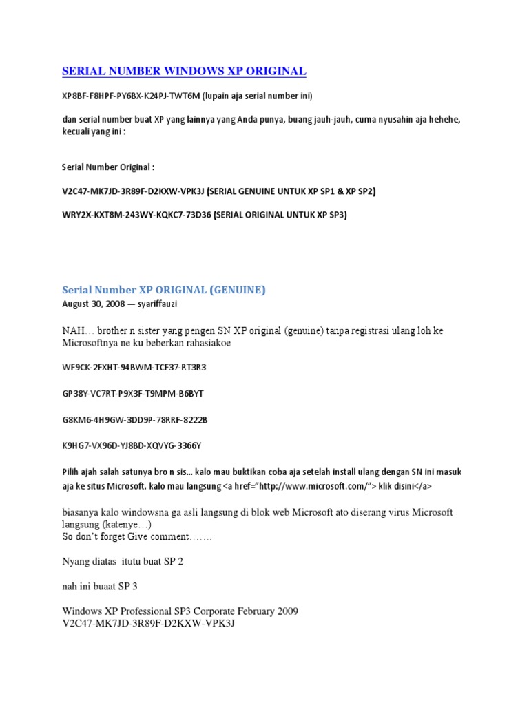 Windows xp sp2 dengan serial number