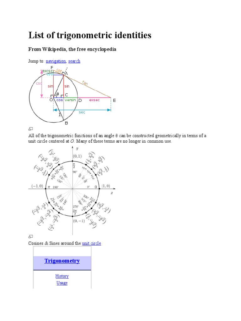 List of Trigonometric Identities PDF Trigonometric Functions Sine