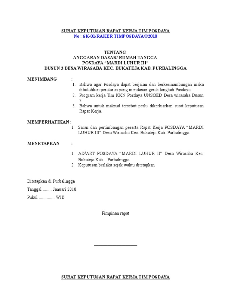 Surat Keputusan Rapat Kerja Tim Posdaya | PDF | Griya & Taman | Sains ...