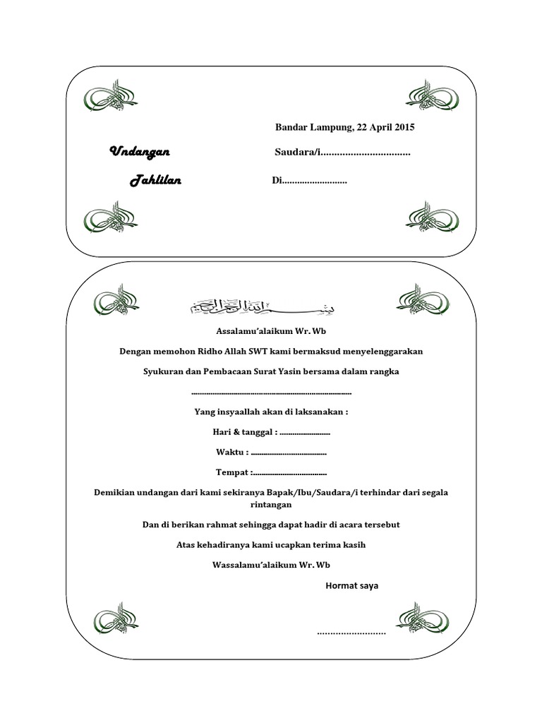 52 Contoh Undangan Tahlilan Gratis Terbaru