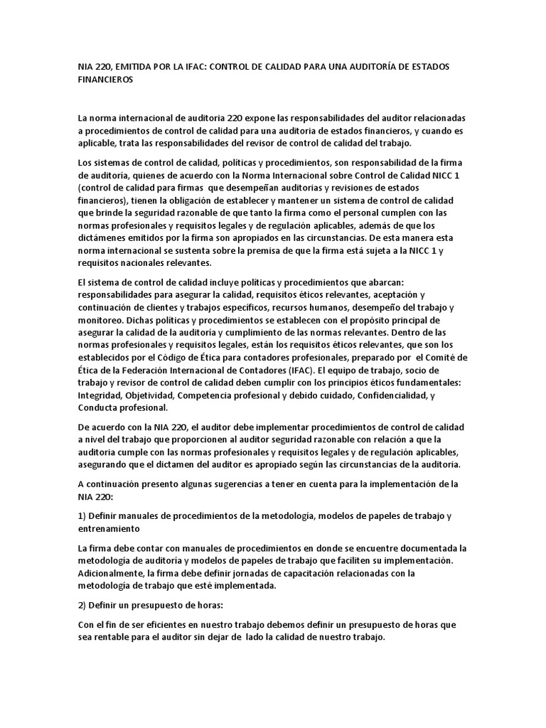 NIA 220 PERU Contralor Calidad