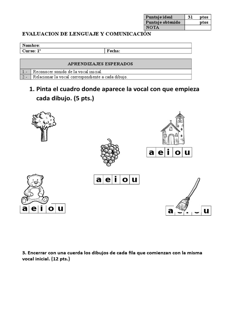 Evaluación de Vocales para Primer Grado | PDF | Artes del Lenguaje y ...